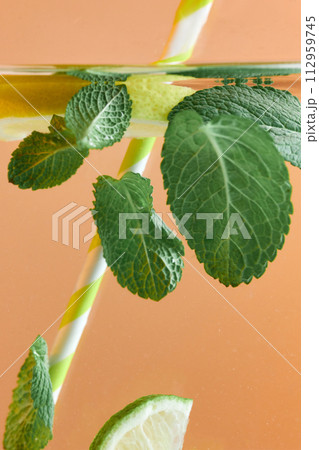 Slices of lemon and lime with mint leaves submerged in water with straw. Refreshing lemonade. Slices of lemon and lime with mint leaves submerged in water with straw. Refreshing lemonade. 112959745