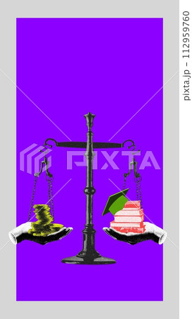 Scales balancing pile of coins and stack of books with green graduation cap. Contemporary art collage. 112959760