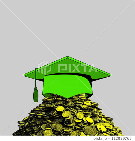 Graduation cap lying on top of golden coins. Contemporary art collage. Student loan companies presenting plans for education 112959763