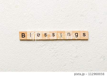 Blessings word written on wood block. Blessings text on cement table for your desing, Top view concept 112960038