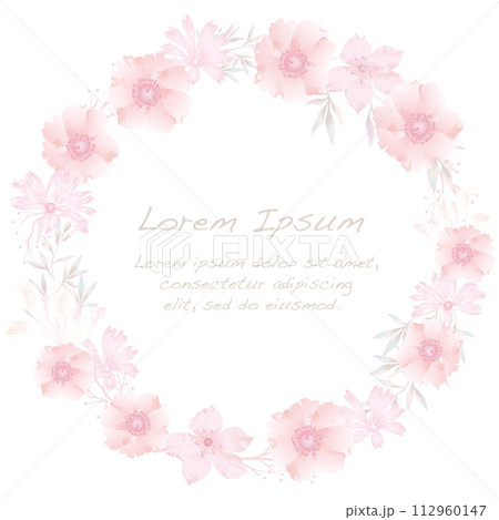 水彩風パステルカラーの花の丸いフレームイラスト 112960147