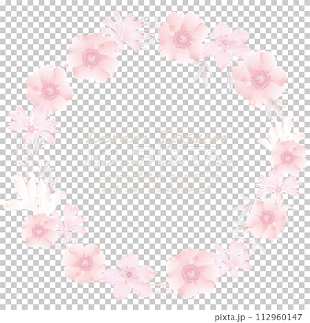 水彩風パステルカラーの花の丸いフレームイラスト 112960147