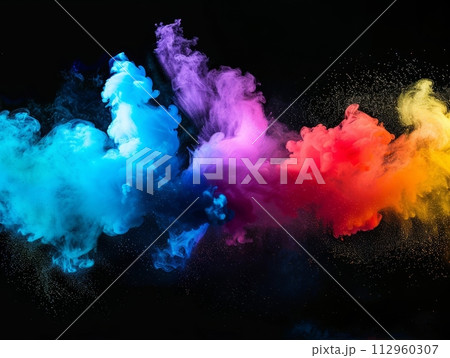 AI-generated content. HOli Decorative Dye Splash, color powder explosion. Abstract colorful rainbow background with color splashes. 112960307