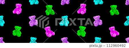 Neon cartoon bear doll background for teens and children. Fluffy soft stuffed toys seamless pattern. Little teddy bears vector illustrations in trendy style. Acid magenta cian lime black colors. Neon cartoon bear doll background for teens and children. Fluffy soft stuffed toys seamless pattern. Little teddy bears vector illustrations in trendy style. Acid magenta cian lime black colors. 112960492