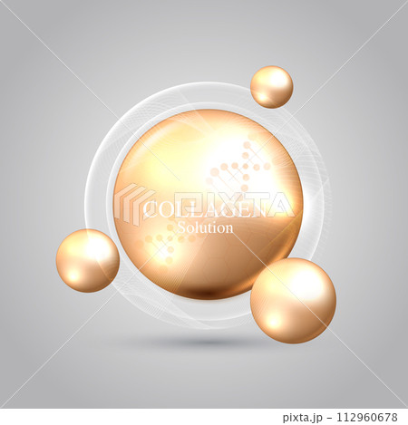 Gold collagen solution and DNA. vitamin solution complex with chemical formula from nature. beauty treatment nutrition skin care design. medical and scientific concepts. vector design. Gold collagen solution and DNA. vitamin solution complex with chemical formula from nature. beauty treatment nutrition skin care design. medical and scientific concepts. vector design. 112960678