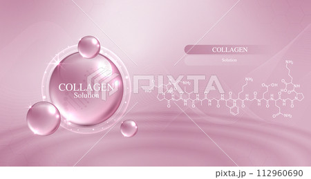 Collagen solution and DNA on a pink background. vitamin solution complex with chemical formula from nature. beauty treatment nutrition skin care design. medical and scientific concepts. vector design. 112960690
