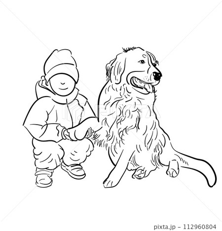 Illustration of a boy and a dog. The boy stands with a bone in his hand and the dog gives him a paw. Friendship of a dog and a man. Stock vector illustration. Illustration of a boy and a dog. The boy stands with a bone in his hand and the dog gives him a paw. Friendship of a dog and a man. Stock vector illustration. 112960804