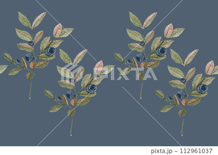 Blueberry sprig watercolor seamless pattern on grey blue 112961037