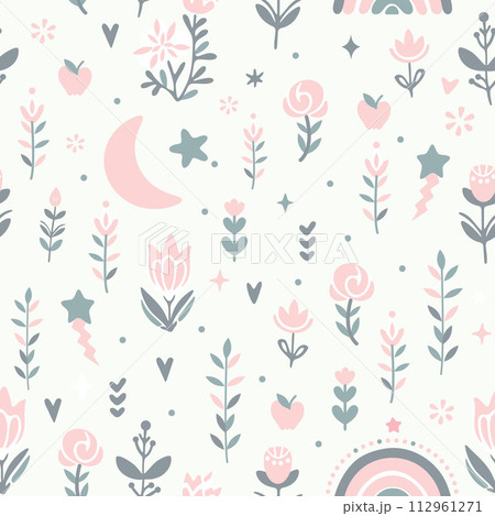 Seamless pattern with cute rainbows, flowers, hearts and stars 112961271
