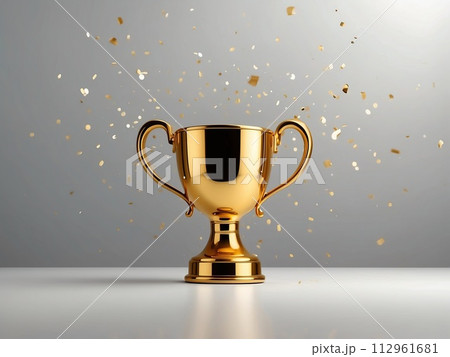 Sparkles white gray background with a winners cup. Champion golden trophy on white gray background. Concept of success and achievement. 112961681