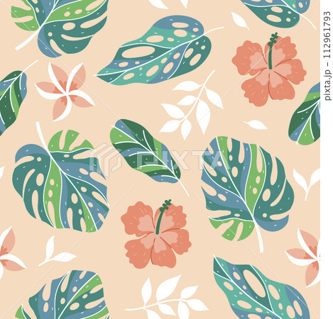 Seamless pattern with tropical flowers and leaves. Vector graphics. Seamless pattern with tropical flowers and leaves. Vector graphics. 112961793