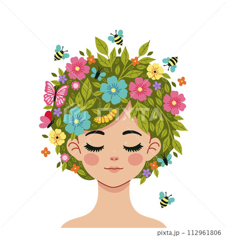 Spring portrait of a girl with a hairstyle with butterflies, bees and flowers. Vector graphics. 112961806