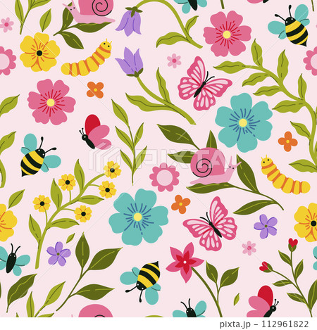 Seamless pattern with cute caterpillars, butterflies and bees and flowers. Vector graphics. 112961822
