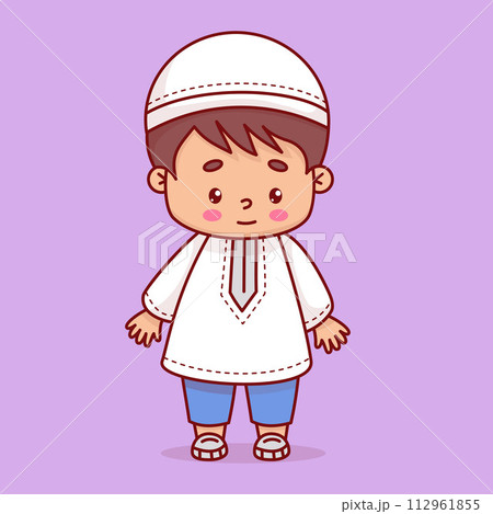 Cute Islamic boy child in traditional clothes. Happy cartoon muslim ethnic character. Vector illustration 112961855