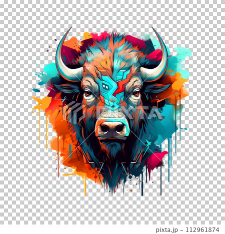Colorful bison on clean background, DTG Printing, DTF Transfer, Sublimation designs, Buffalo Clipart. Wild Animals. Illustration, Generative AI. 112961874