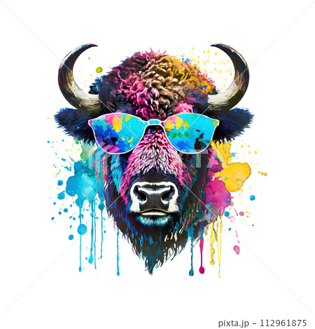 Cool bison head wear sunglass on clean background, DTG Printing, DTF Transfer, Sublimation designs, Buffalo Clipart. Wild Animals. Illustration, Generative AI. Cool bison head wear sunglass on clean background, DTG Printing, DTF Transfer, Sublimation designs, Buffalo Clipart. Wild Animals. Illustration, Generative AI. 112961875