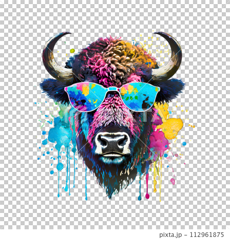 Cool bison head wear sunglass on clean background, DTG Printing, DTF Transfer, Sublimation designs, Buffalo Clipart. Wild Animals. Illustration, Generative AI. 112961875