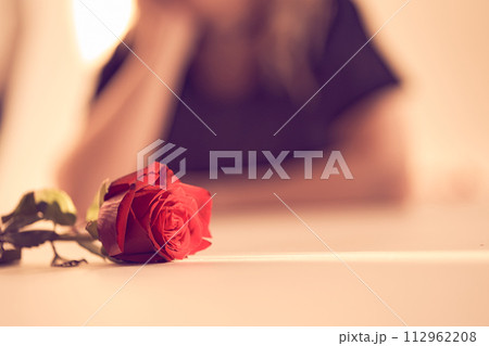 Close up of beautiful red rose on a narrow beam of sunlight on the background of a blurry image of a woman. Backdrop with copy space, empty, peach fuzz. Template, mock up for your design, text, card. Close up of beautiful red rose on a narrow beam of sunlight on the background of a blurry image of a woman. Backdrop with copy space, empty, peach fuzz. Template, mock up for your design, text, card. 112962208