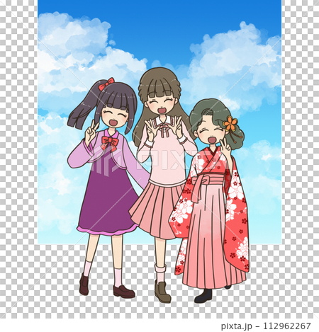 青空をバックにポーズを取る女の子たち 112962267