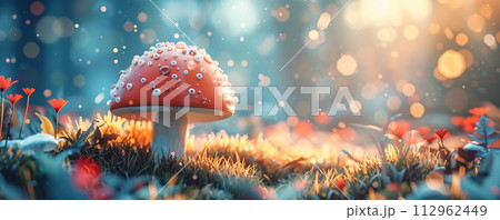 Dreamy view to fly agaric mushroom in the forest in the morning. 112962449