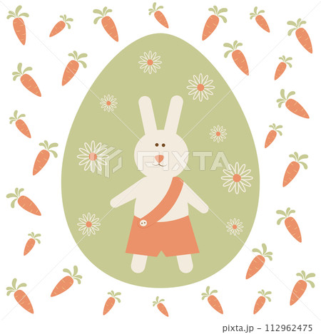 Easter card with bunny boy. Flat style. Round ornament. Ideal for holiday design. Vector illustration. 112962475
