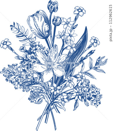 Floral blooming bouquet. Thank you card. Botanical vintage illustration. Blue drawing. 112962615