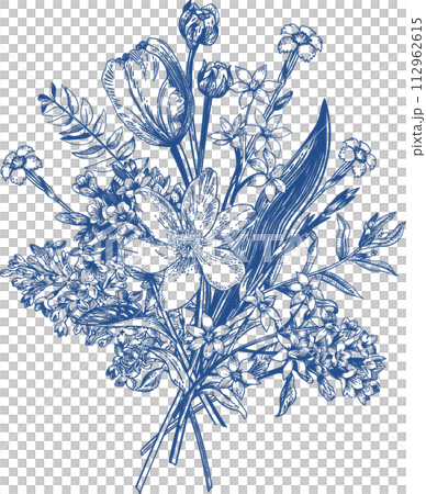 Floral blooming bouquet. Thank you card. Botanical vintage illustration. Blue drawing. 112962615