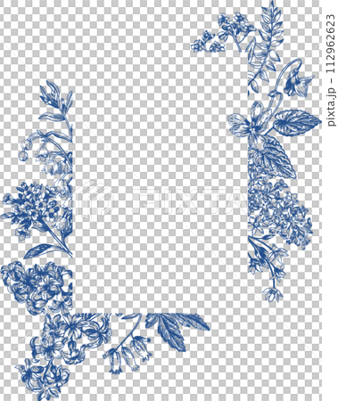 Wedding invitation with spring and summer garden flowers. Botanical illustration. Blue drawing. Wedding invitation with spring and summer garden flowers. Botanical illustration. Blue drawing. 112962623