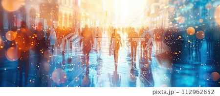 Abstract illustration of people moving in city. Abstract illustration of people moving in city. 112962652