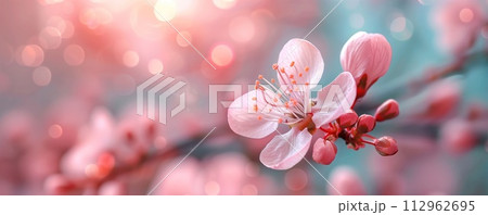 Closeup panoramic view of beautiful blossoming Sakura. 112962695
