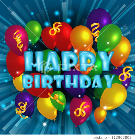 Happy Birthday Greeting Card with Balloons and Confetti, Vector Illustration 112962805