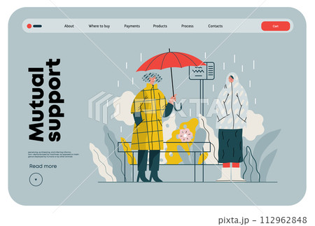 Mutual Support: Offer an umbrella to a stranger -modern flat vector concept illustration of a at a bus stop in the rain offering an umbrella A metaphor of voluntary, collaborative exchanges 112962848