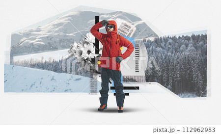 Young man in winter jacket going hiking in winter time. Snowy mountain background. Contemporary art collage. Young man in winter jacket going hiking in winter time. Snowy mountain background. Contemporary art collage. 112962983