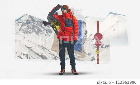 Young man in jacket with hiking equipment going hiking on mountain in winter time. Snowy background. Contemporary art collage. Young man in jacket with hiking equipment going hiking on mountain in winter time. Snowy background. Contemporary art collage. 112962986