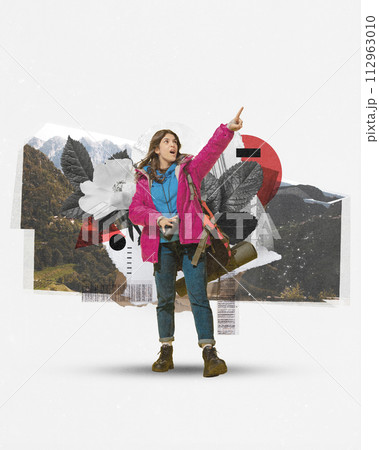 Young woman with backpacks and items for camping, hiking tourism pointing with shocked face against nature abstract background. Contemporary art 112963010