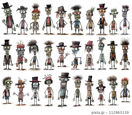 Collection of funny cartoon zombie, scary creepy characters, printable stickers for children Collection of funny cartoon zombie, scary creepy characters, printable stickers for children 112963139