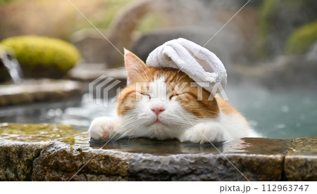 温泉につかってリラックスする猫 112963747