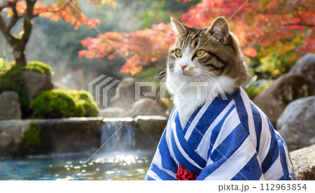紅葉シーズンの温泉と浴衣を着た看板猫 112963854