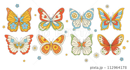 Beautiful groovy butterfly vector hand drawn illustrations set. Stock pop clip art in Hippie 60s 70s style. Peace. Pacific. 112964178
