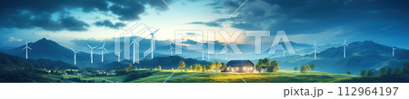 Conceptual background with houses that receive electrical energy from wind turbines and solar panels. 112964197