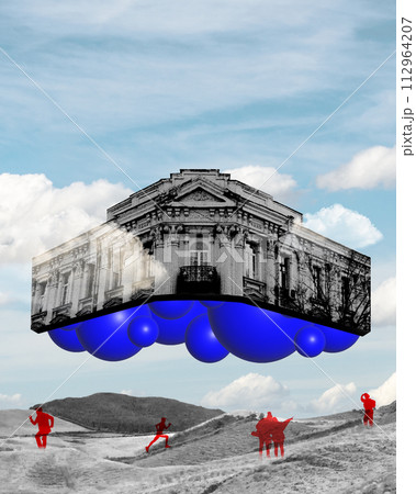 Monochrome grainy floating building with abstract blue geometric elements and red silhouettes of people. Contemporary art collage. Monochrome grainy floating building with abstract blue geometric elements and red silhouettes of people. Contemporary art collage. 112964207