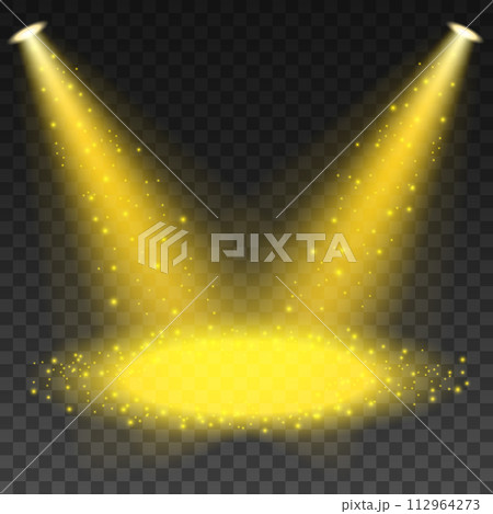 Golden Spotlights Shining On Transparent Background, Vector Illustration Golden Spotlights Shining On Transparent Background, Vector Illustration 112964273