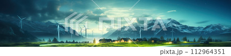 Conceptual background with houses that receive electrical energy from wind turbines and solar panels. 112964351