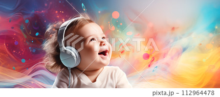 Cute small funny child with headphones on his head. 112964478