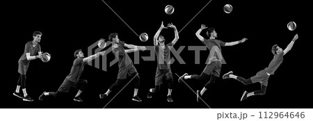 Collage in monochrome filter. Progression of basketball player shooting ball, depicted in multiple exposure against black background. 112964646