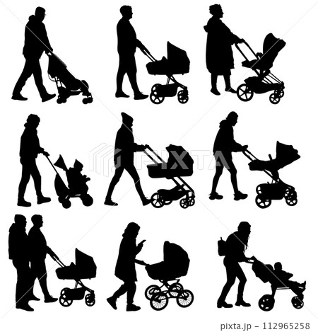 Set of silhouettes on a white background of a parents and children on a walk Set of silhouettes on a white background of a parents and children on a walk 112965258