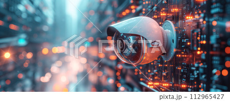 Abstract close-up background of the security camera on the wall of the building. Global monitoring concept. 112965427