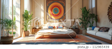 Beautiful view of a bright cozy bedroom flooding with daylight. 112965439