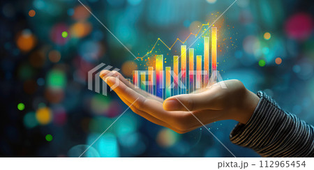 Human hand holding abstract colourful diagram on the futuristic background. 112965454
