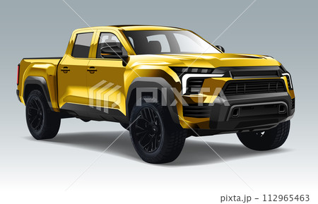 Realistic 3D vector yellow pickup four doors black wheels on blue background Illustration 112965463